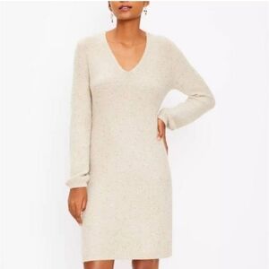 Loft cream long sleeve sweater dress with v neck. Sequin throughout size large